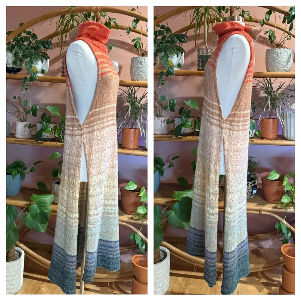 Free People Multicolor Knit Sleeveless Metallic Turtleneck Long Maxi Tunic Small
